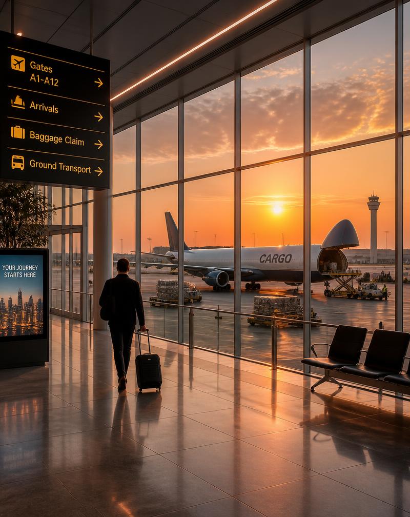 Modern airport terminal at sunset with cargo operations in the background